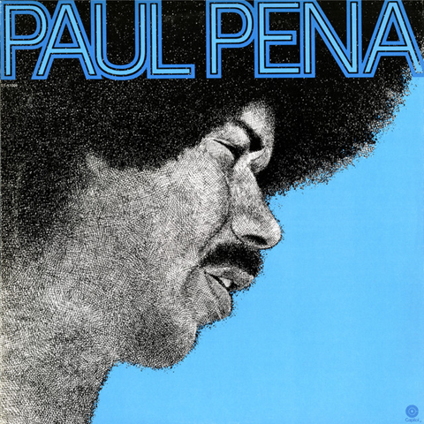 The image is the cover of Paul Pena’s self-titled album.  It is a graphite drawing of a African American man with an afro and a neat mustache against a blue background. His name is written in big blue capital letters at the top. 