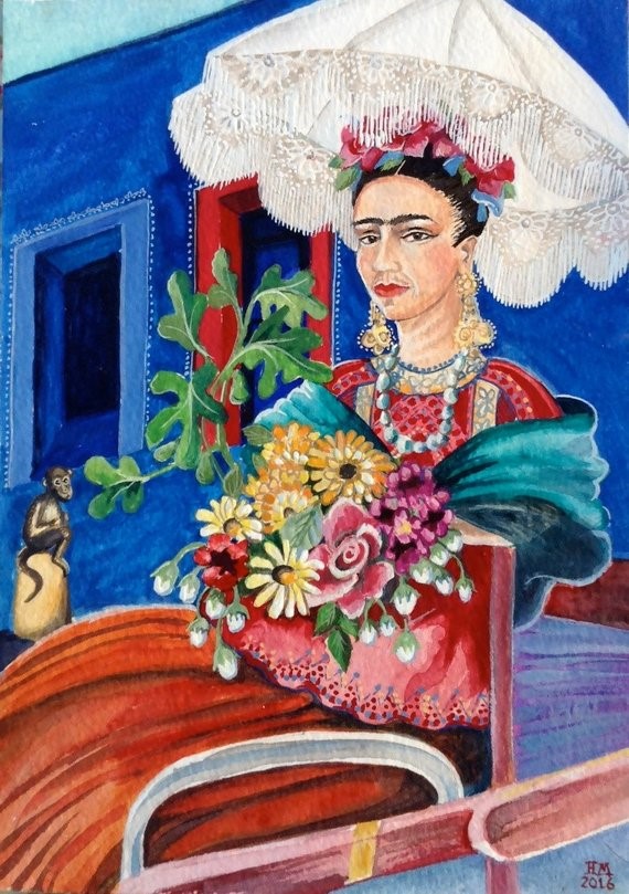 A self-portrait by Frida Kahlo depicts her seated in her wheelchair beneath a white parasol with a beaded fringe is wearing a long red dress, necklaces and earrings made of strands large beads. She is holding a bouquet of colorful flowers, and has flowers in her hair. She is sitting in a blue room, and there is a little seated monkey in the right hand corner looking up at her. 